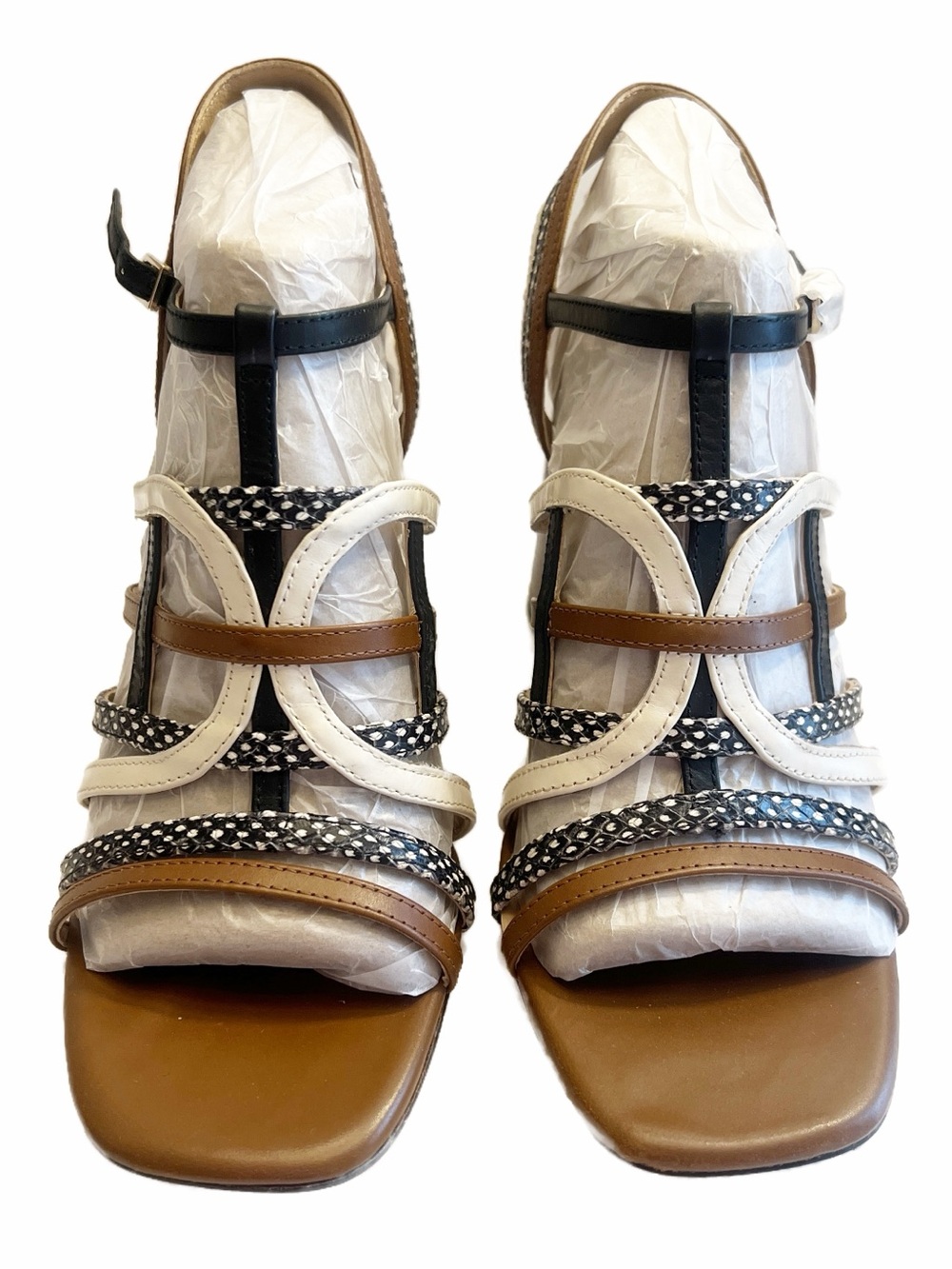 ANTONIO MELANI Multi-Strap Block Heel Sandals - Brown, White & Black